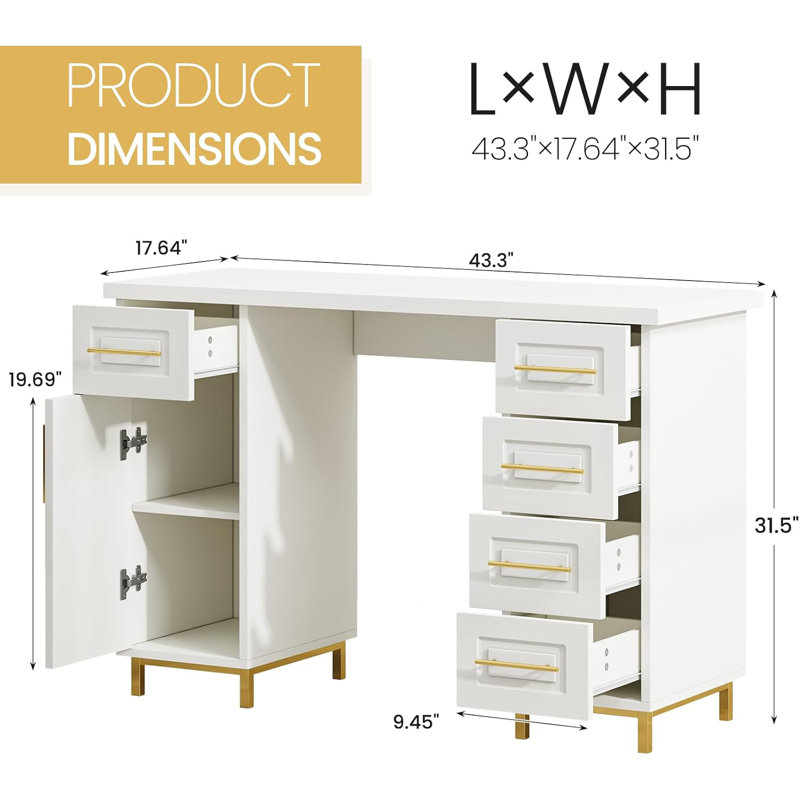 43" Manicure Nail Table and Makeup Vanity with 5 Drawers and Storage Cabinet, White