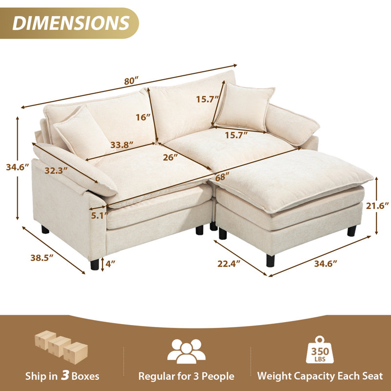 Canapé modulaire rembourré en L avec repose-pieds, H 34,6 po x l 80 po x P 57,8 po, Chenille beige