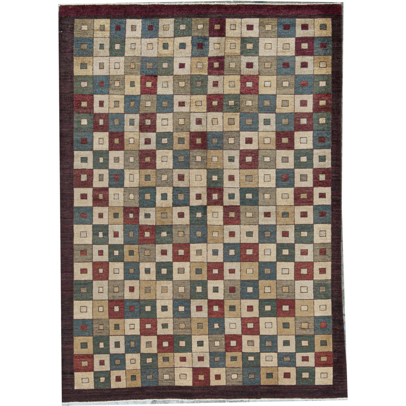 Tapis bleu, orange brûlé et beige noué à la main de haute qualité
