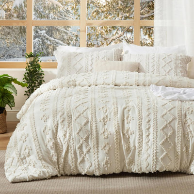 Tufted Boho Comforter Set King Size - Beige Boho Bedding Comforter Set, 3 Pieces Farmhouse Shabby Chic Embroidery Bed Set, Gifts For Woman, Soft Jacquard Comforter For All Seasons