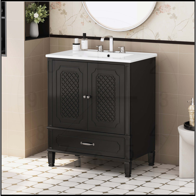 Meuble-lavabo autoportant avec lavabos doubles, rangement spacieux et portes à fermeture douce, Noir, Argent argent