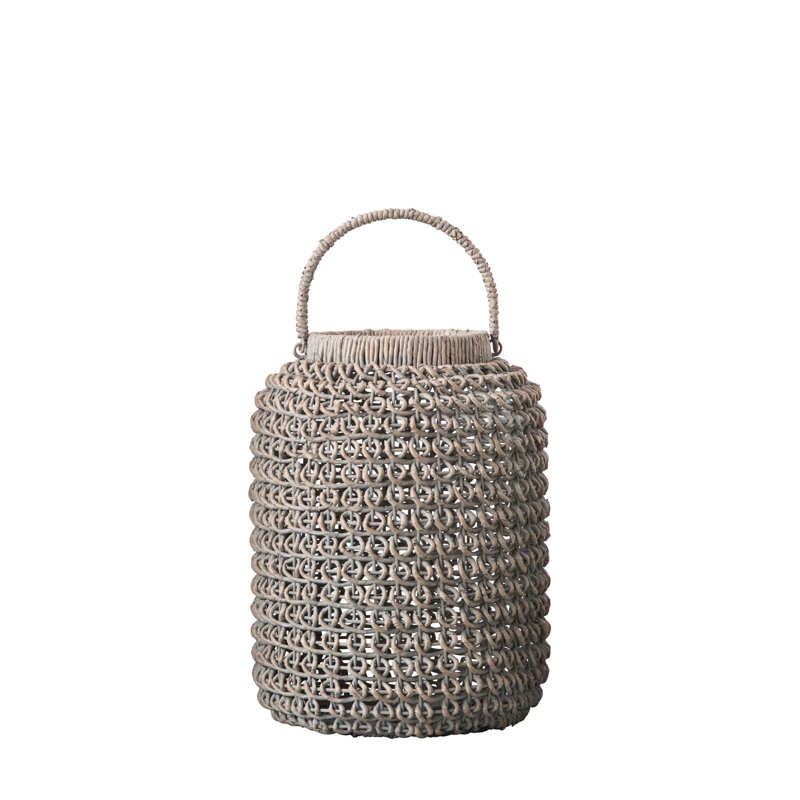 Medium washed Woven Water Hyacinth Lantern with Glass Insert Handle, 20" H x 15" W x 15" D
