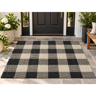 5' x 7' Outdoor Area Rug Buffalo Plaid Black Cream Heavyweight Waterproof PVC Coil Loop Carpet, Patio Rug Quick Dry Mat for Large Doormat Porch Deck Balcony Entryway RV Camping