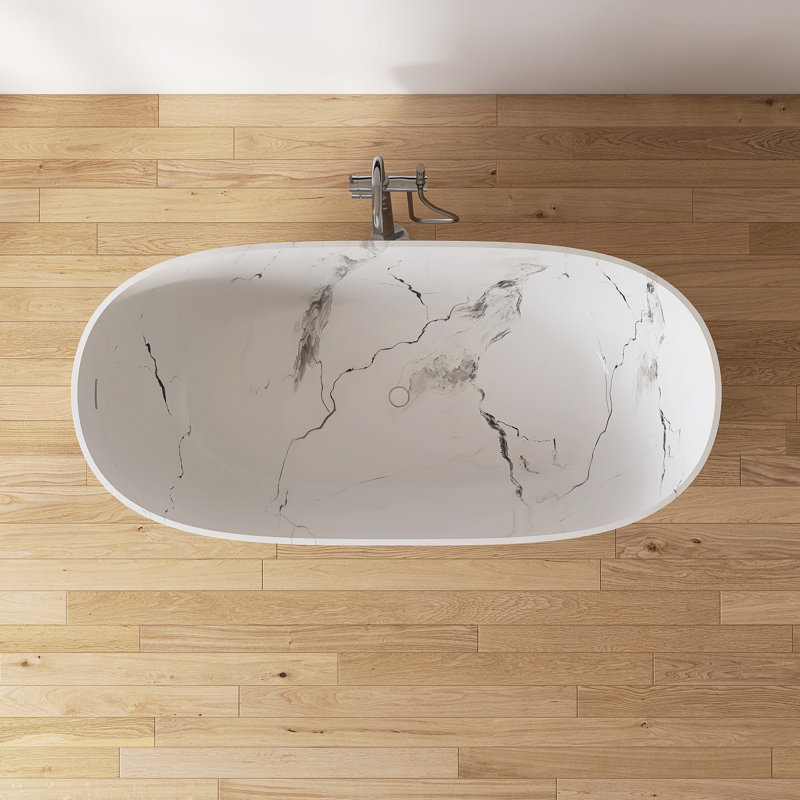 63" x 30" Freestanding Soild Surface Bathtub With Marble Pattern Hydrographics Technology tub