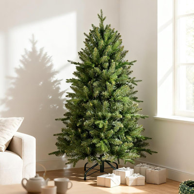 Sapin de Noël artificiel miniature pré-illuminé de 91 cm/122 cm, sapin aux pointes acérées, décoré de baies rouges et de pommes de pin, sapin de table, 91 cm avec pot en plastique rempli de ciment et base en toile de jute, 122 cm avec support en métal pour une décoration de Noël champêtre intérieure