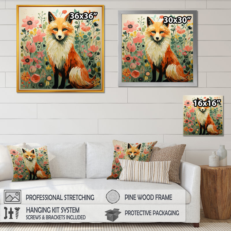Minimalisme, renard, portrait, fleurs III - Renard, art mural, Cadre flottant doré, H 30 po x l 30 po x P 1,5 po