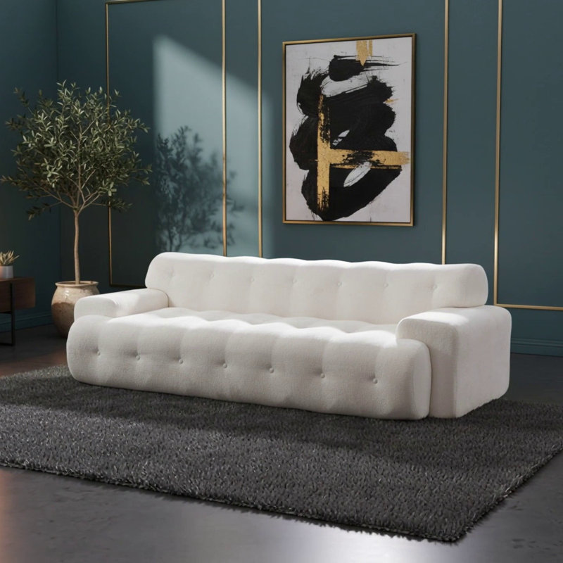 88 po Canapé Cloud en chenille 3 places avec bouton capitonné et confortable, blanc neige