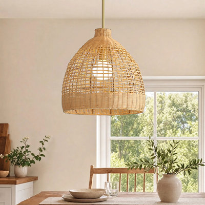 Boho Handwoven Rattan Pendant Light with Adjustable Hanging Height, Gold Finish, 1-Light Kitchen Island Ceiling Light