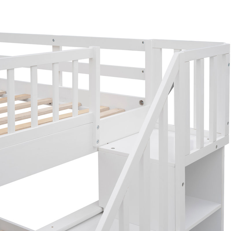 Lit superposé pour escalier avec rangement et garde-corps blanc pour chambre à coucher, pin, tablettes, lit sans ressorts, chambre à coucher, structure solide, escalier sécuritaire, conception séparable