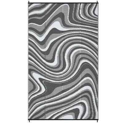 Waterproof Reversible Outdoor Rug – Modern Plastic Straw Patio Mat, UV Resistant Low-Pile Carpet, Easy Clean for Camping, Backyard, Deck, Balcony – Black/Gray/White, 6x9ft (183x274cm)