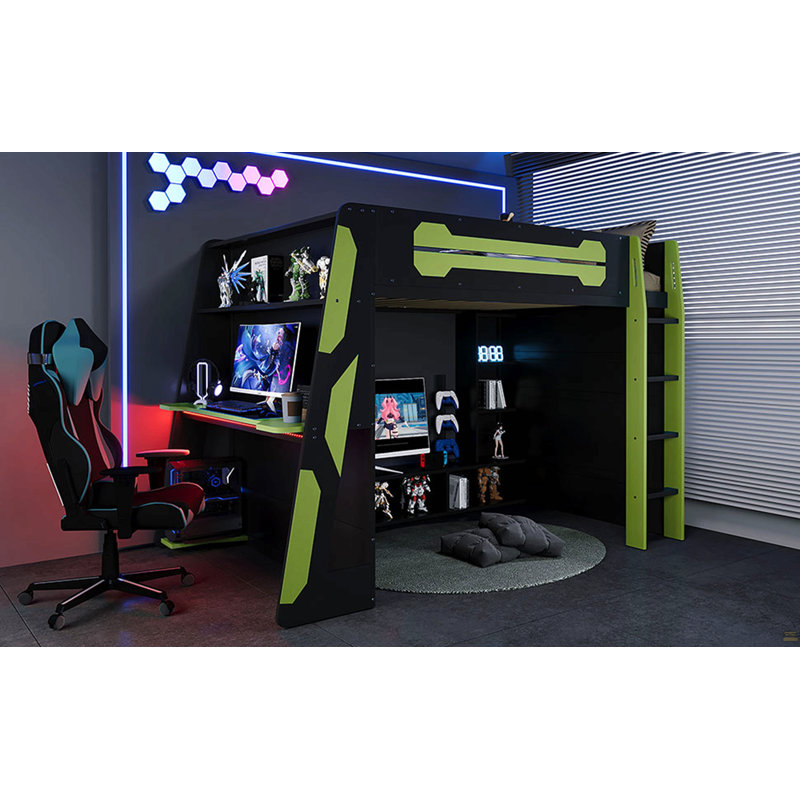 Lit mezzanine double en bois avec bureau, tablettes multiples et lumière RVB