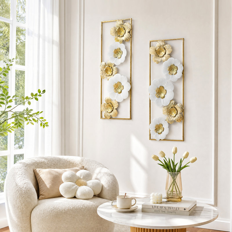 Ensemble de 2 panneaux décoratifs muraux en métal doré et blanc à motif floral 3D, décoration intérieure rustique moderne