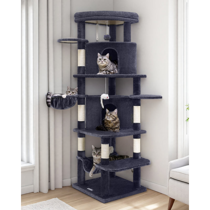 Arbre à chat multi-couches de 66 pouces robuste, pouvant accueillir 4 à 5 chats, avec 2 condos, des poteaux à griffer en sisal et un hamac, une structure stable et un arbre à chat d'intérieur peu encombrant.
