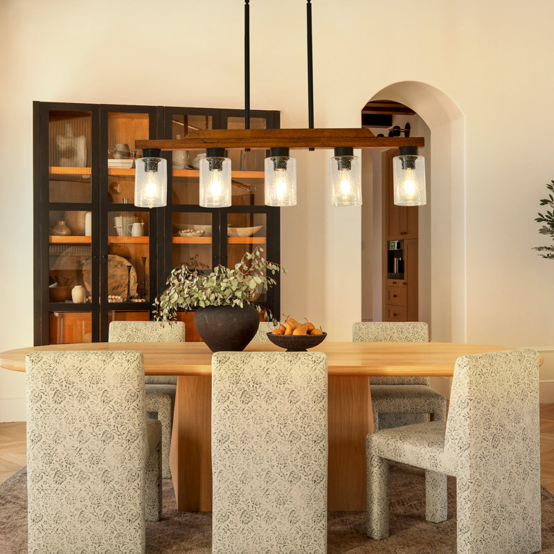  Farmhouse Chandelier 5-Light Dining Room Light Fixture, Farmhouse Linear Kitchen Island Lighting with Seeded Glass Shade, Rustic Wood Ceiling Pendant Light Fixtures
