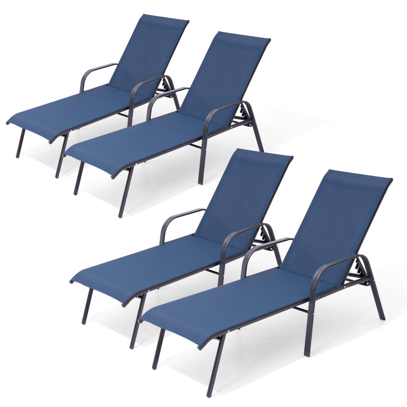 Outdoor Metal Chaise Lounge (Set of 4), Black/Navy