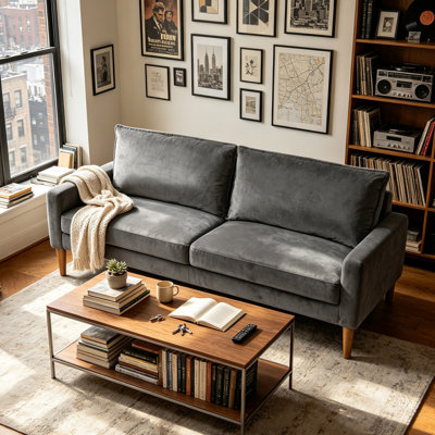 70" Modern Velvet Sofa with Track Arms & Coil Spring Support, Minimalist 3-Seater Couch with Wood Legs for Living Room, Apartment, Office – Dark Blue
