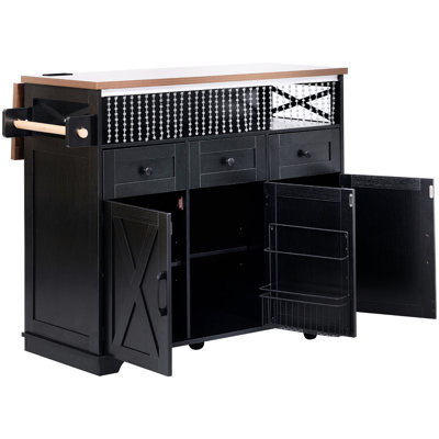 Style Kitchen Island With Drop Leaf Design, Drape Of Beads, Power Outlet, 3 Drawers, Doors, Black Supply, Leaf, Cabinets, Internal Shelf,