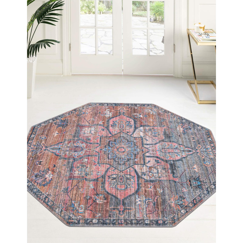 Tapis oriental rose / bleu Gwin, Octogone 7 pi 10 po x 7 pi 10 po