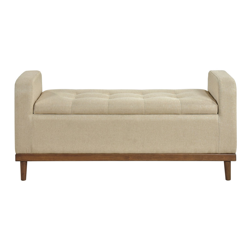 Mid-Century Modern Brown Bench With Storage, Upholstery, Solid Wood Frame Bedroom Lift Top, Walnut, Light Brown