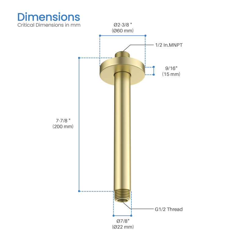 Circular 8" Ceiling Mounted Shower Arm, Brushed Gold
