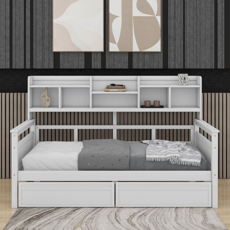 Twin Size Daybed, Wood Slat Support, With Bedside Shelves And Two Drawers, Twin, White