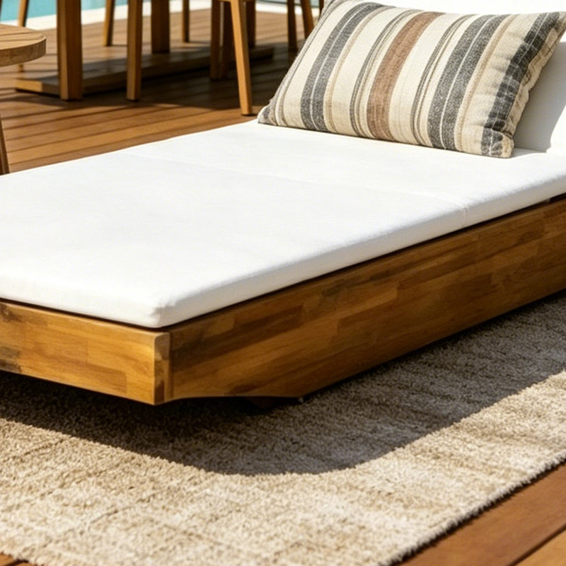 Chaise longue en bois avec coussin, Coussin mince en teck et crème