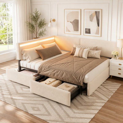 Boucle Bed Frame, Upholstered Cloud Bed with Headboard, 2 Storage Drawers, LED Light, USB Charging, Solid Wood Legs, No Box Spring Needed