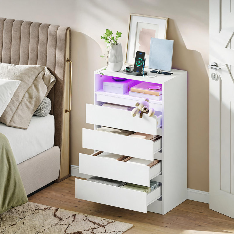 Commode 2 tiroirs avec station de charge et lumières DEL, commode moderne avec prise de courant, armoire de rangement pour chambre à coucher, salon, entrée