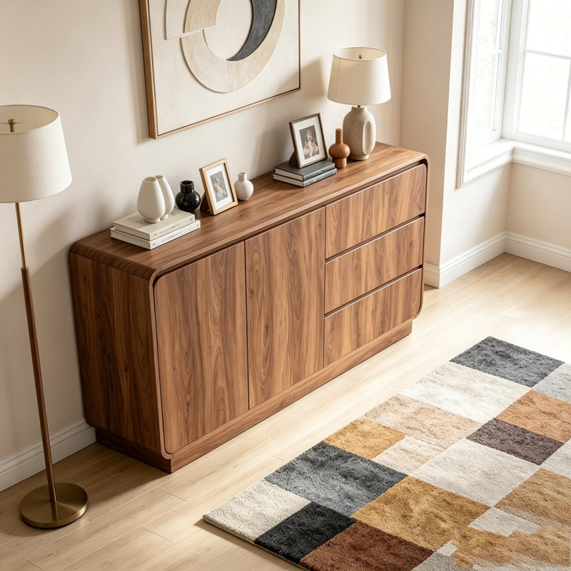 Armoire de rangement de 55,1 po de largeur avec 2 portes et 3 tiroirs, Noyer