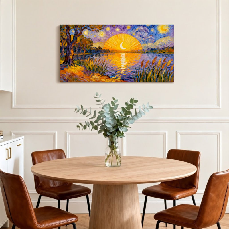 Landscape & Nature Sunset Lake Trees Moon Stars Reflection Sky Water, 16" H x 32" W