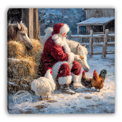 Père Noël avec cheval et poules, art mural sur toile tendue
