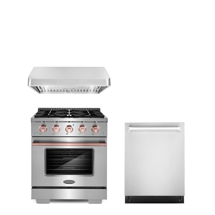 3 Piece Kitchen Package With 30" Freestanding Gas Range With Custom Handle And Knob Kit 30" Under Cabinet Range Hood 24" Built-in Fully Integrated Dishwasher