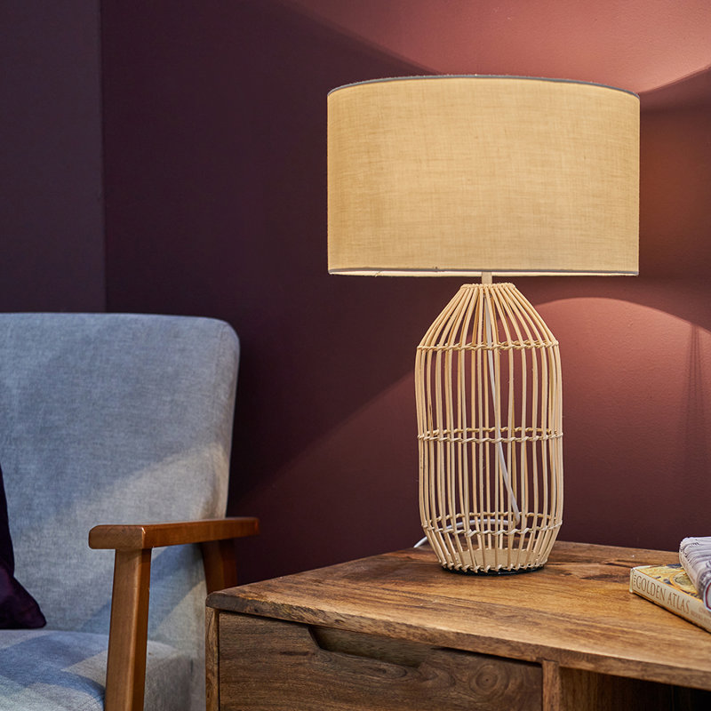 Wicker/Rattan Table Lamp, Gold, 47" H x 25" W x 25" D, Beige
