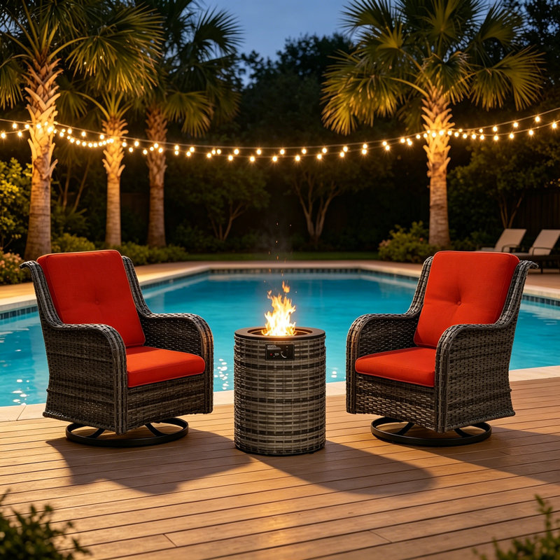 3-Piece Wicker Outdoor Seating Group with Fire Pit, Red