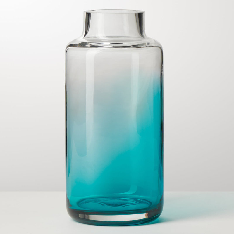Ombre 10" Hand Blown Clear Teal Glass Vase