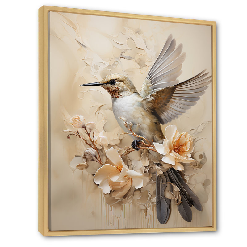 Colibri floral flottant I - Art mural colibri pour le salon, Cadre flottant en érable, H 44 po x l 34 po x P 1,5 po