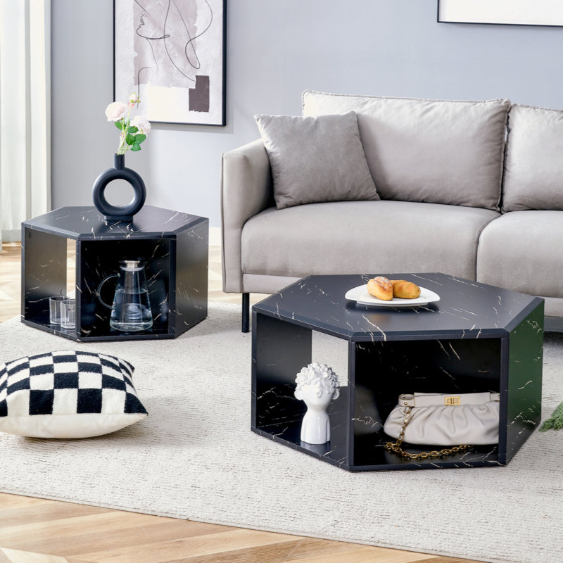 Hexagonal Coffee Table Set.Hexagonal MDF Coffee Table, Multi-Hole Design., Black