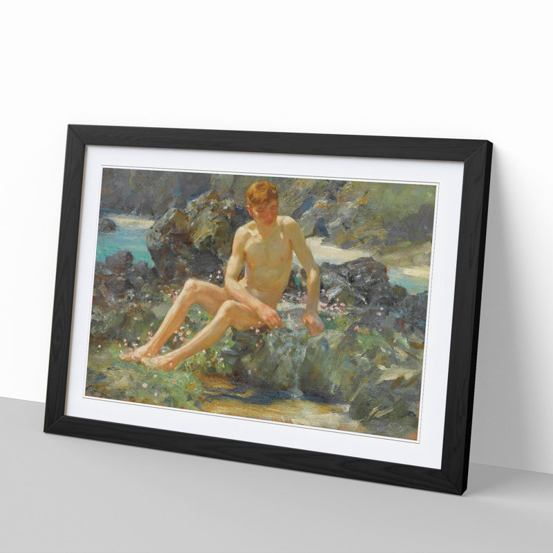Nude Man on the Rocks by Henry Scott Tuke - Picture Frame Painting on MDF, 48cm H x 65cm W x 2cm D, Black Framed
