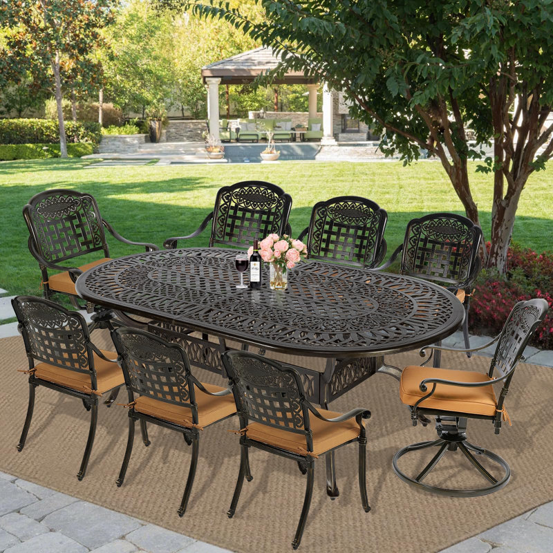 Oval 8 - Person 83.8" Long Dining Set with Cushions, Khaki, 9 Pieces: Table, 6 Chairs, 2 Swivel Chairs 