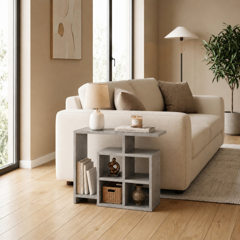 Table de bout moderne avec étagère de rangement à cubes ouverts, petite table d'appoint et présentoir de bibliothèque, Béton