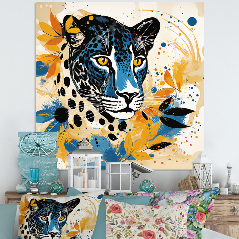 Jaune et bleu léopard collage IV - art mural léopard / guépard, H 36 po x l 36 po x P 1,5 po