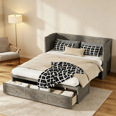 Grand lit escamotable, armoire-lit en bois de pin avec station de charge USB intégrée et panneau de décoration géométrique