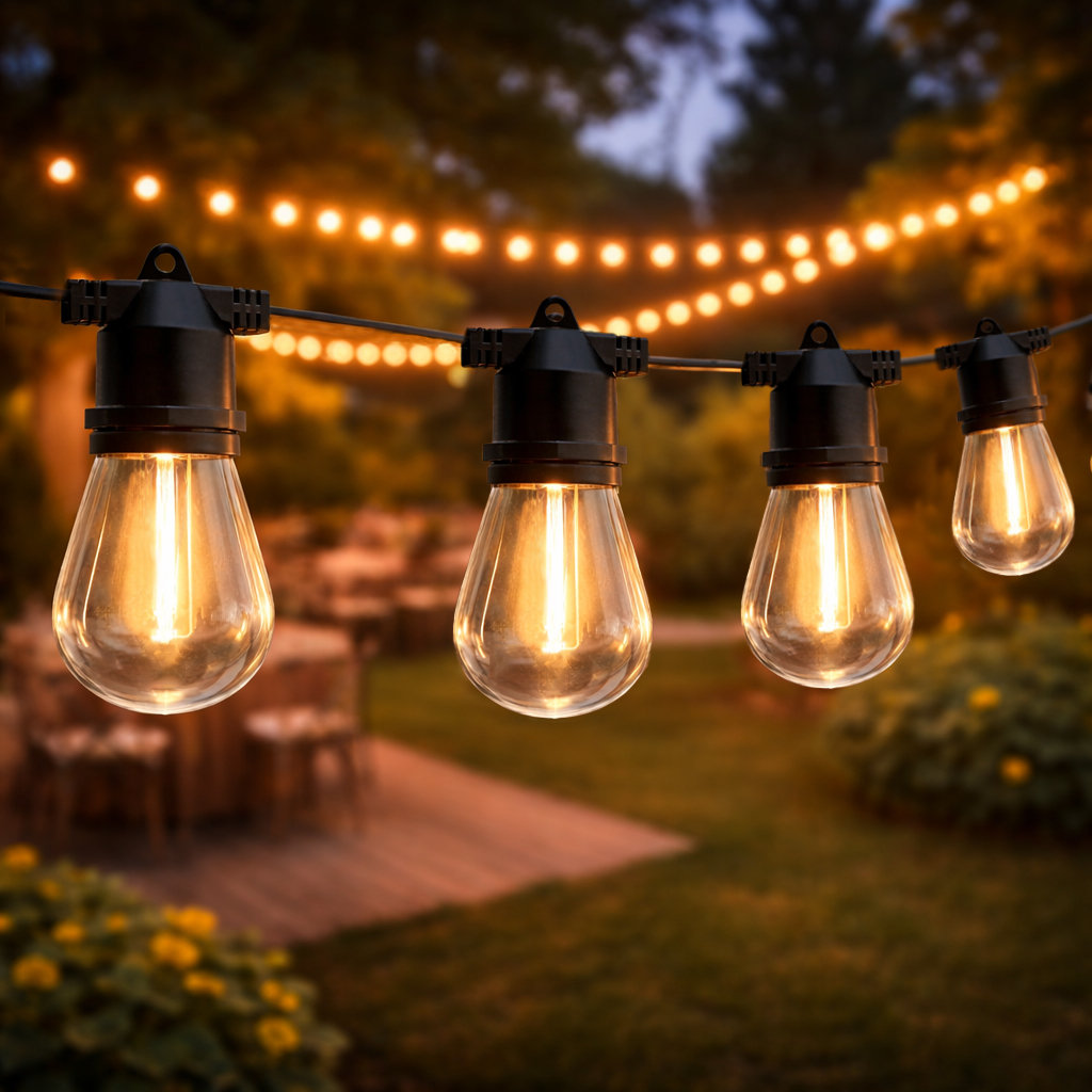 Kanora LED Globe String Lights Outdoor Decorations 48FT 15 Edison Bulbs Plug-in Waterproof Connectable Light Arlmont & Co.