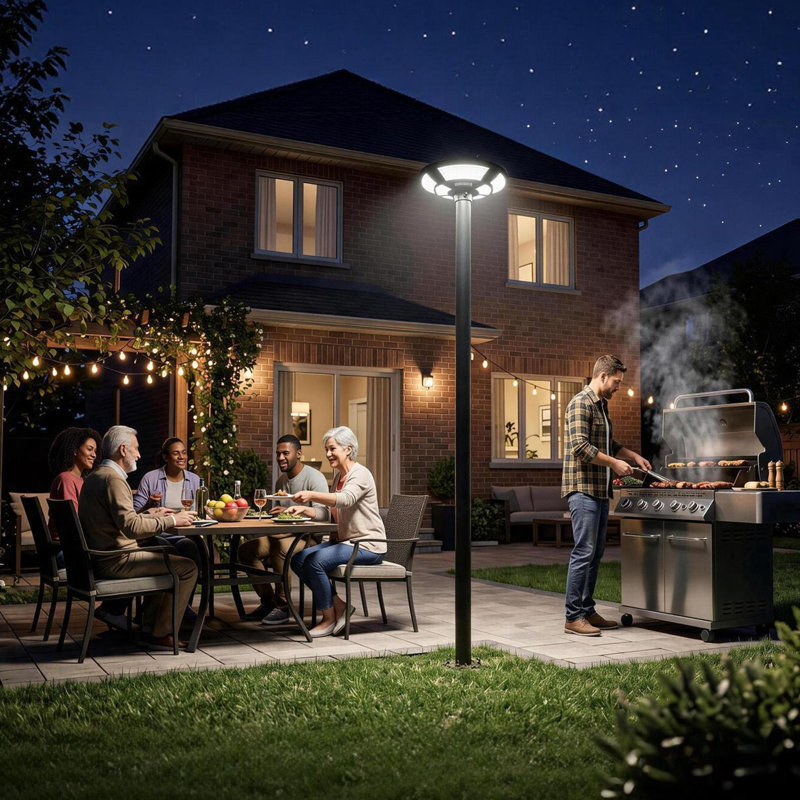 Fontane 750-LED Solar Lamp Post with 10' Steel Pole and Remote, Round, Solar Only