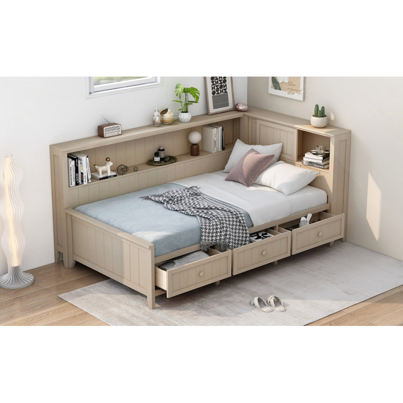 Lit de jour en bois avec tablettes et tiroirs de rangement, Simple