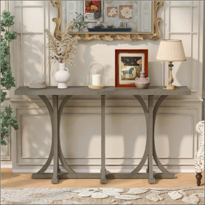 Console en bois 59,8 po avec plateau en placage, table d'entrée de ferme avec pieds courbés minces en bois d'hévéa
