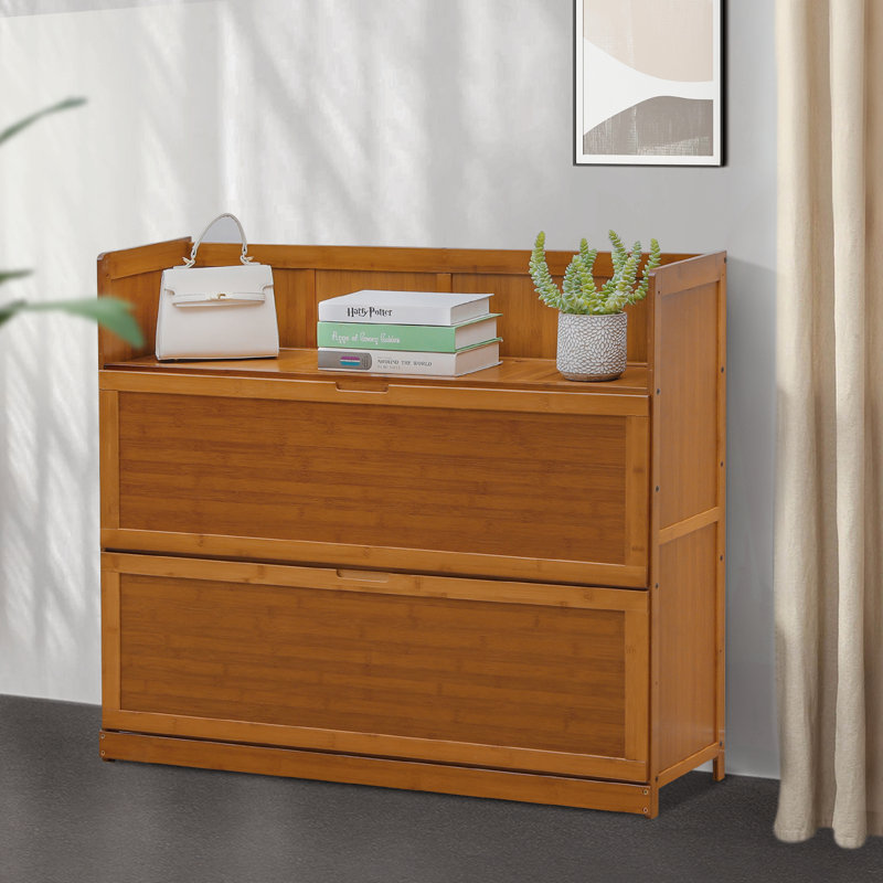 Brown Bamboo 5-Tier Shoe Rack with Pull-Down Doors
