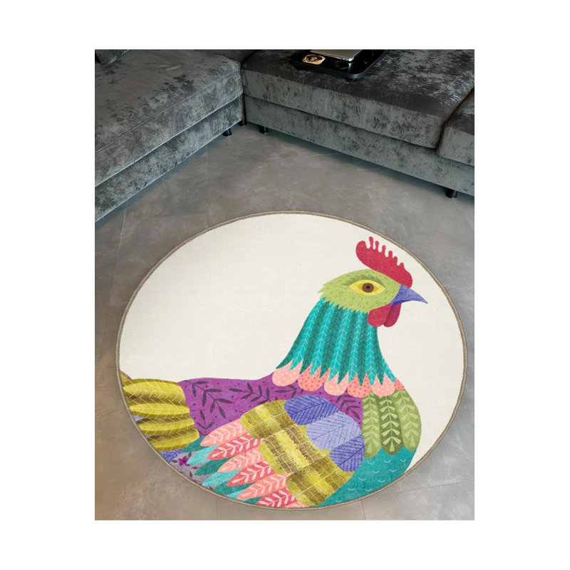 Multicolored Patterned Chicken Detailed Woven Base Modern Decorative Carpet, Round 5'