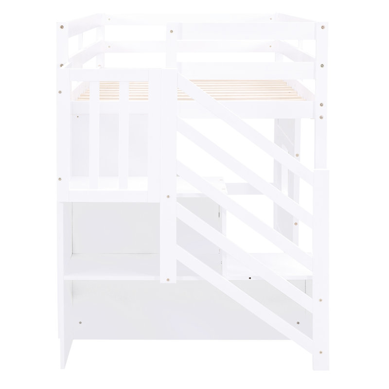 Lit simple avec fenêtre ludique et escalier de rangement - Escalier de loft sans sommier, fabrication en bois blanc