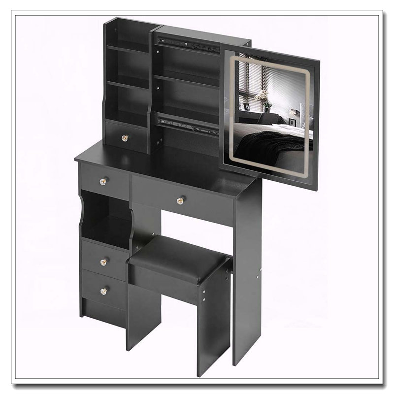 29.2" Small Space Vanity Table with LED Mirror, Stool and High Capacity Storage, Black